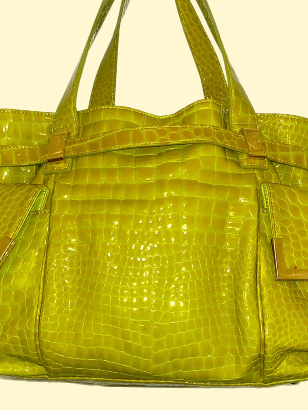 Michael Michael Kors Lime Green Patent Croc Embossed Multi Pocket Shoulder Tote - Picture 3 of 8